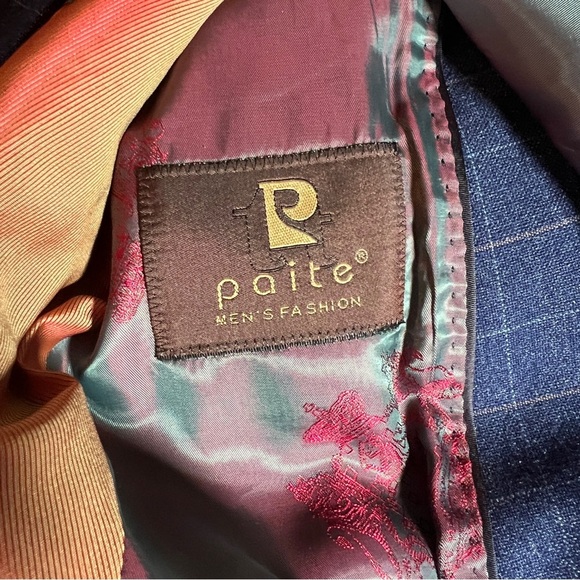 Paite 100% Wool Blue Plaid Blazer w/ Green + Red Satin Lining, Sz 48 Fits Medium - Picture 13 of 14